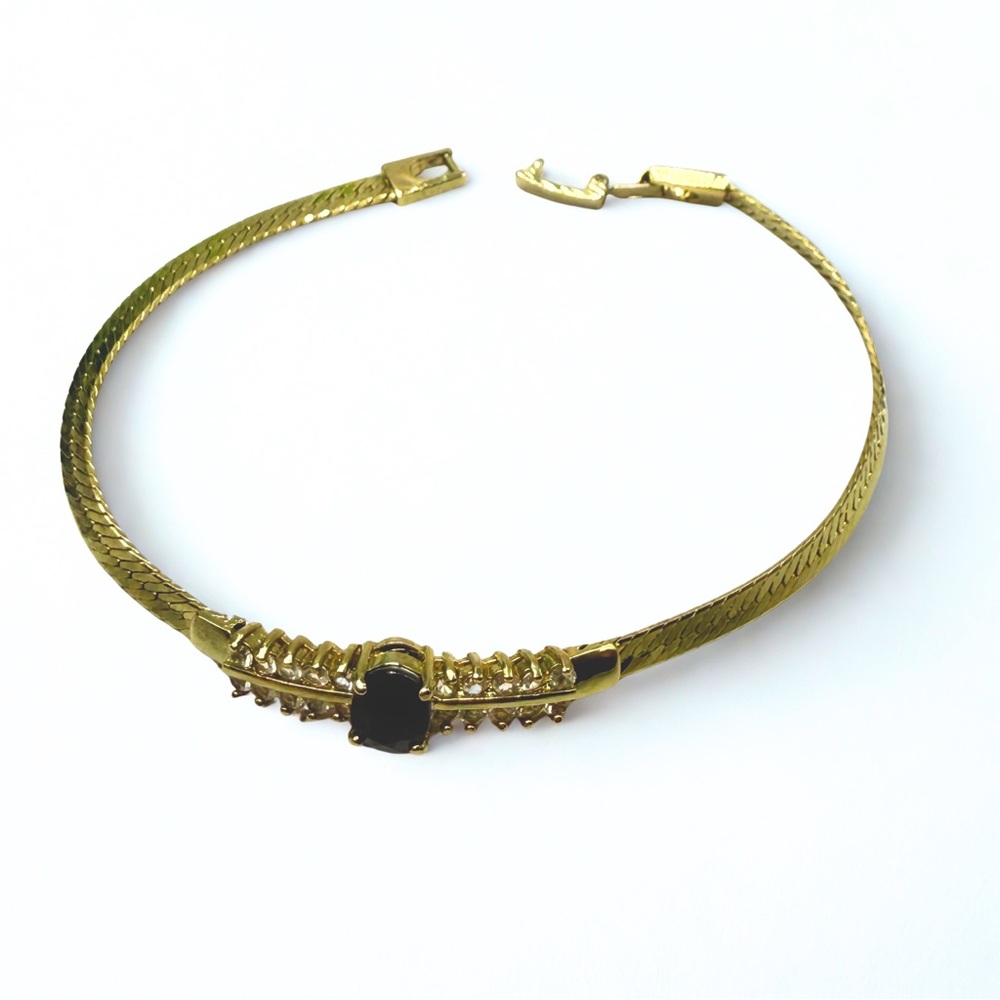 Gold Tone Herringbone Chain Black Center Stone Clear Crystal Accents Bracelet